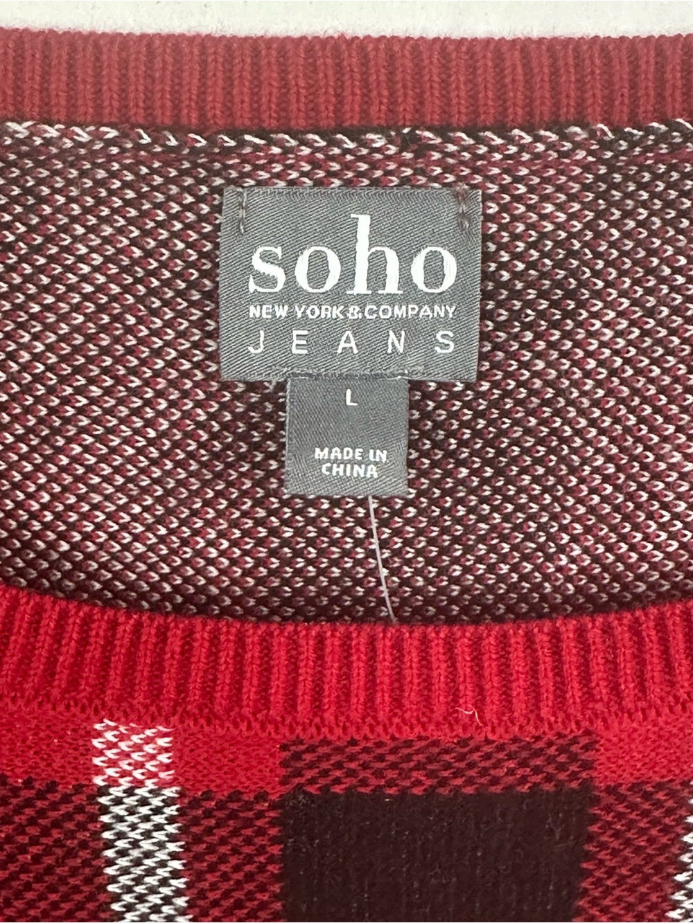 New York & Company Red Black Plaid Crewneck Sweater, Bat wing, size L, NWT - Picture 2 of 6